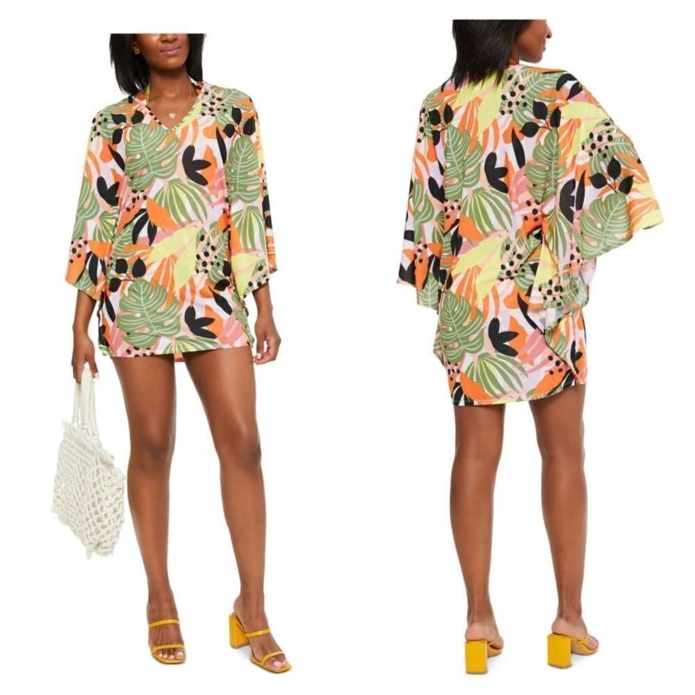 BAR III Women's Green Printed Caftan Deep V Neck Swimsuit Cover Up Sz XL